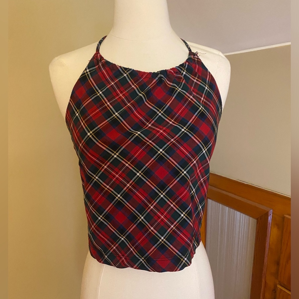 VINTAGE plaid tie back top